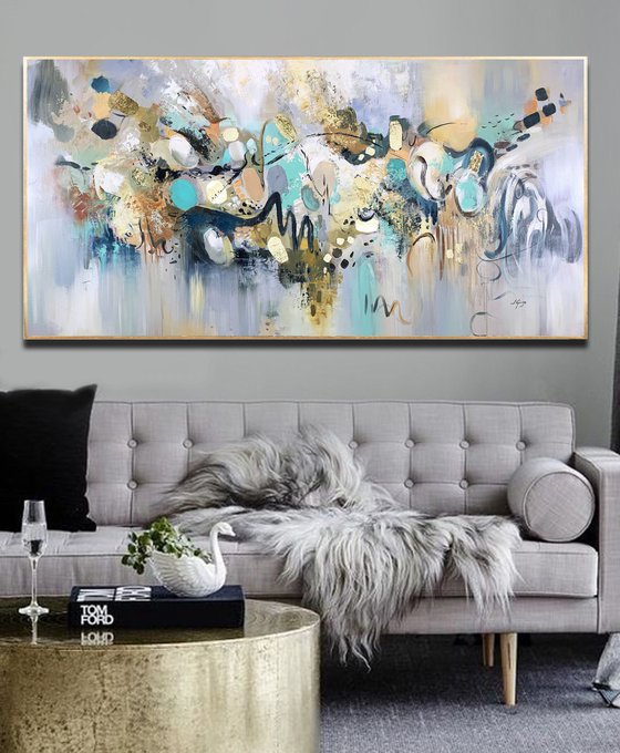 White Chocolate - Abstract Painting 60" x 30" Large Abstract Gold Leaf Soft Colors White Gray Painting