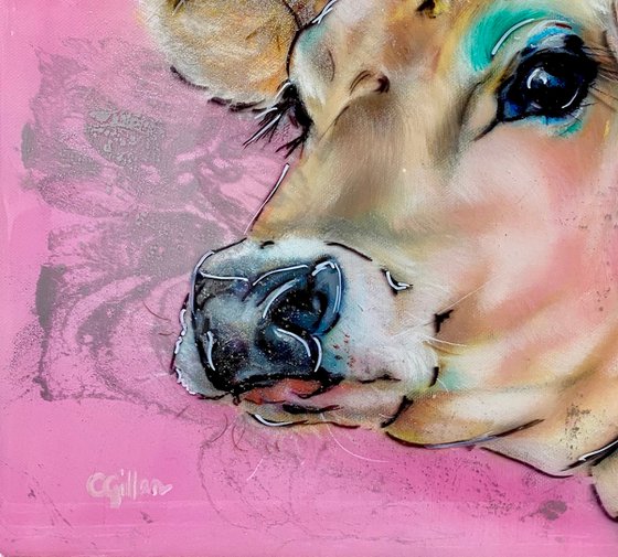 Princess Dairy - Jersey Cow original oil painting, resin, metallic paint
