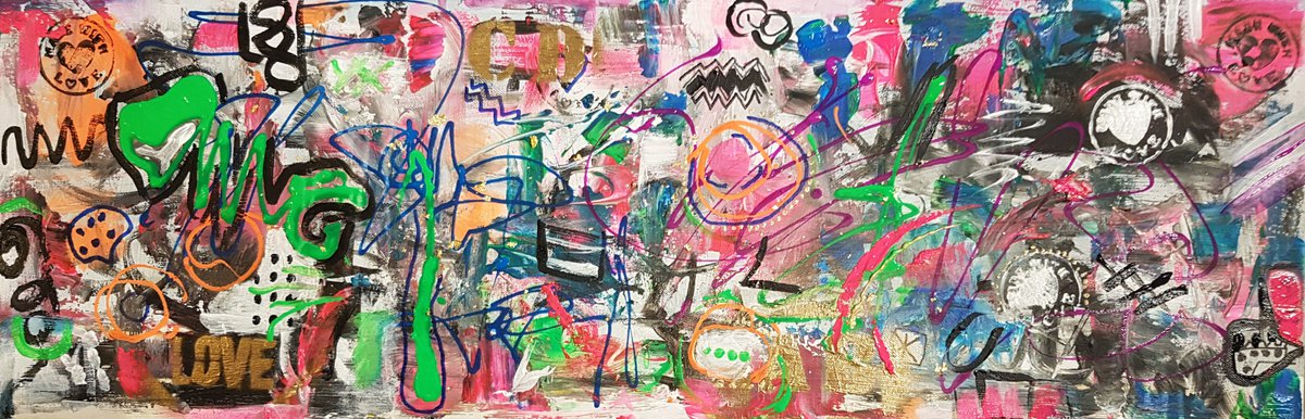 Abstract Acrylic Painting By Els Driesen, 35 X 12, Happy Day, Original Artwork