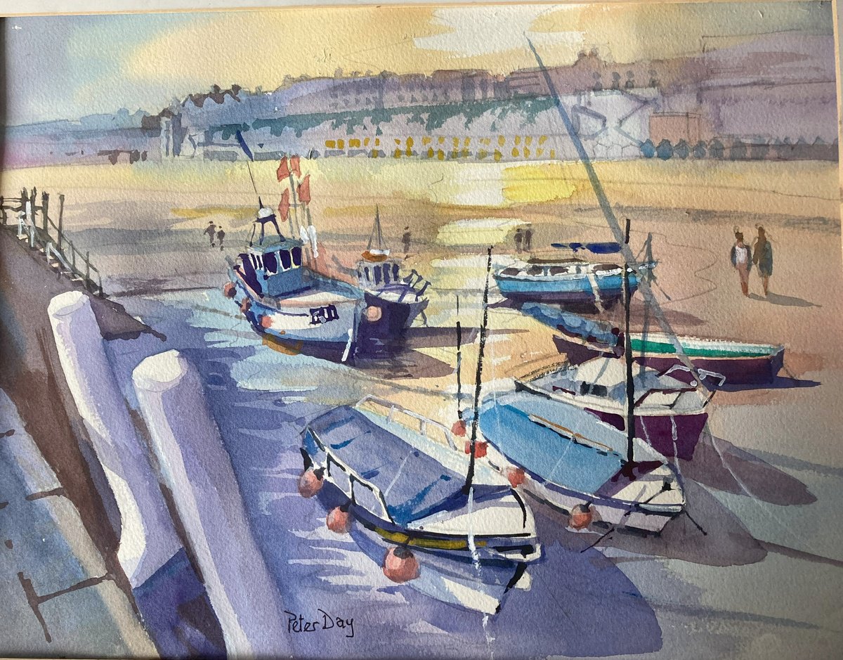 Impressionistic Landscape Watercolour By Peter Day, 17 X 13", Viking Bay Boats, Original Artwork