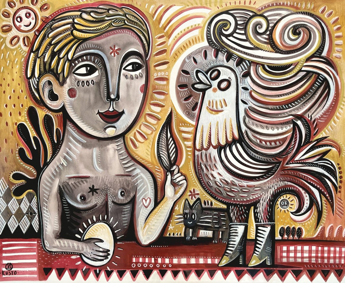 Impressionistic Animal Acrylic Painting By Daria Kusto, 31 X 26, Bright Head And Bird Thoughts, Original Artwork