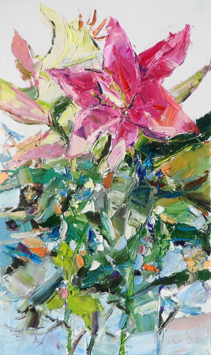 Expressive Botanical Oil Painting By Yehor Dulin, 12 X 20", " Lily Flowers ", Original Artwork