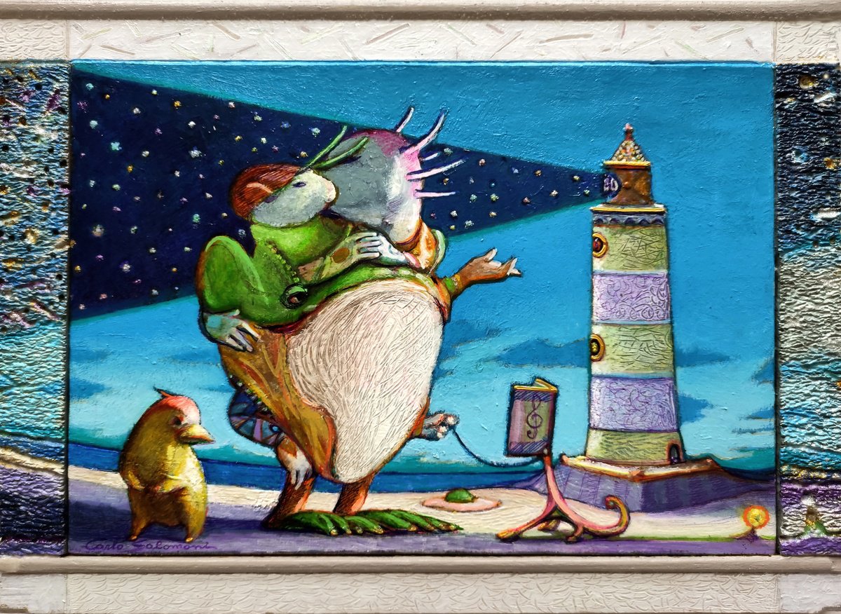 Surrealistic Portrait Painting By Carlo Salomoni, 15 X 11, On A Trip To The Shady Lighthouse, Original Artwork