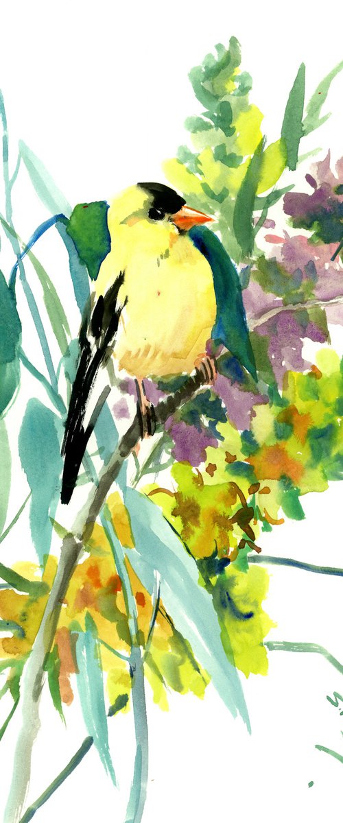 American Goldfinch and  Flowers by Suren Nersisyan