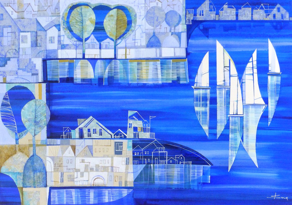 Organic Landscape Drawing By Julia Ismambetova, 28 X 20", Ultramarine Bay, Original Artwork