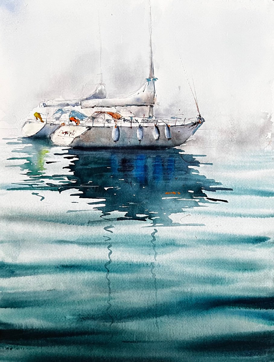 HARBOUR CITYSHAPE /BOATS WATERCOLOR PAINTING, Hoorn YACHTS WATERCOLOR PAINTING by Yana Ivannikova
