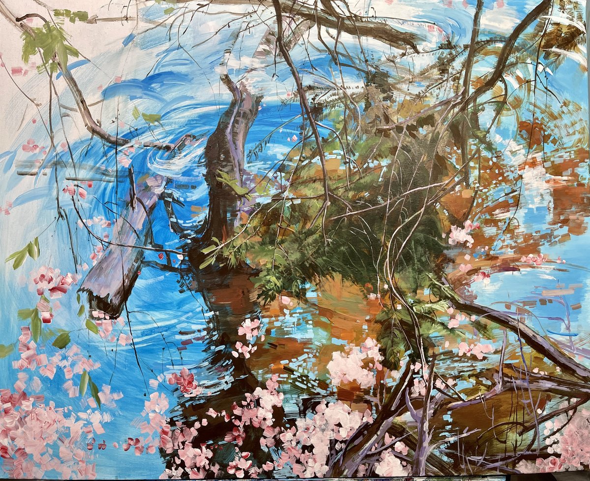 Impressionistic Abstract Acrylic Painting By Tina Ding, 33 X 26", Spring Reflections, Original Artwork