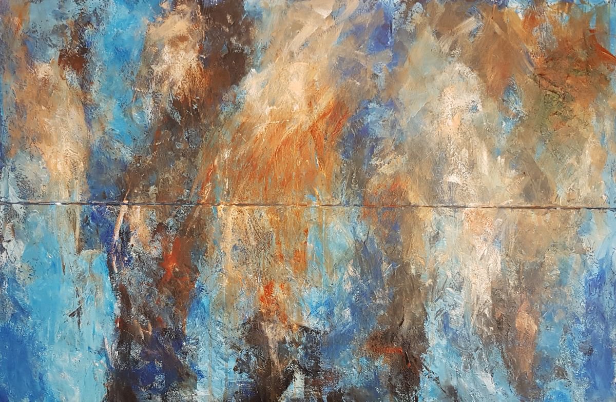 Abstract Acrylic Painting By Els Driesen, 47 X 31, Full Moon Landscape, Original Artwork