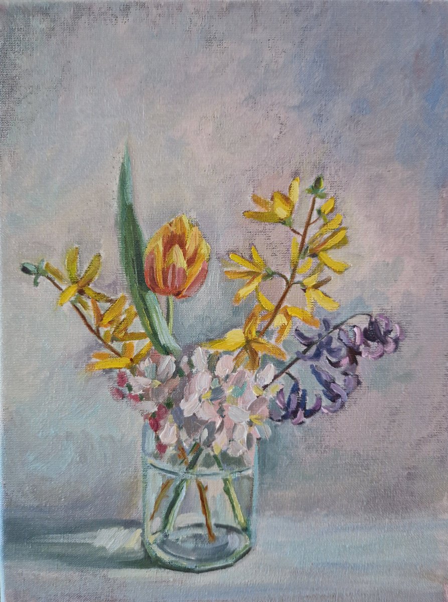Impressionistic Botanical Oil Painting By Olena Kolotova, 12 X 16", "Bouquet Of Spring Flowers", Original Artwork