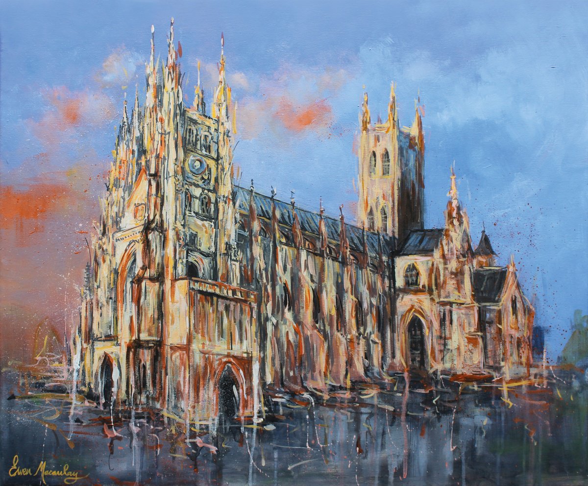 Impressionistic Landscape Acrylic Painting By Ewen Macaulay, 28 X 20, Canterbury Cathedral, Original Artwork