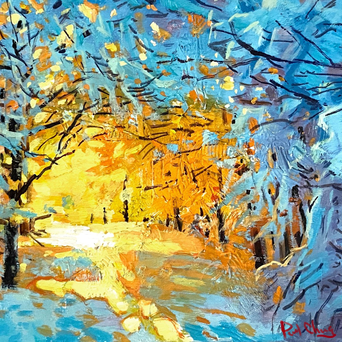 Impressionistic Landscape Acrylic Painting By Paul Cheng, 12 X 12", Frozen Radiance, Original Artwork