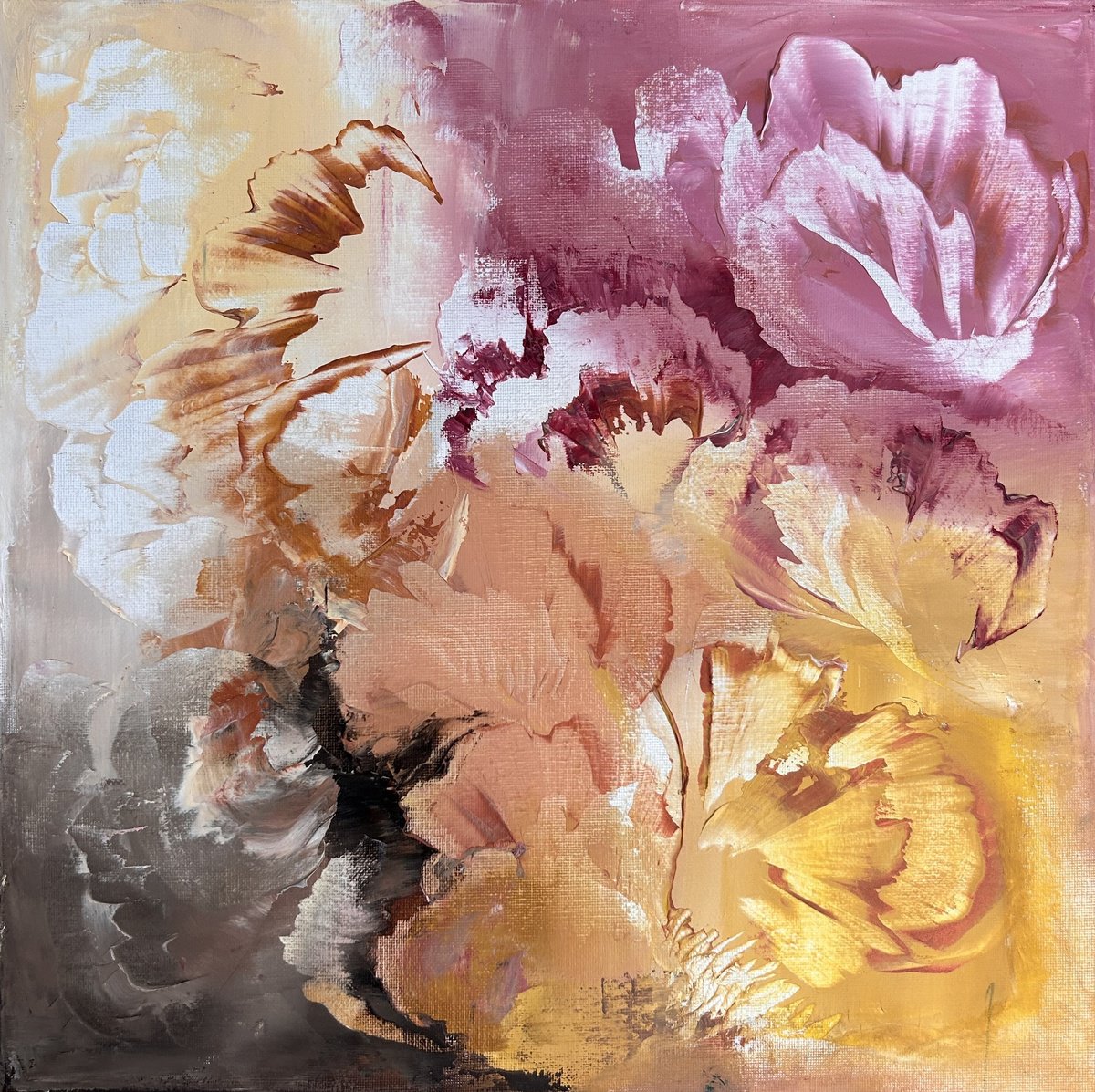 Expressive Botanical Oil Painting By Ludmila Budanov, 16 X 16", Dance Of Petals, Original Artwork