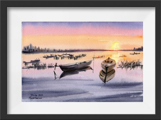 Boats at sunset original artwork small format bright colors home decor painting, gift for her