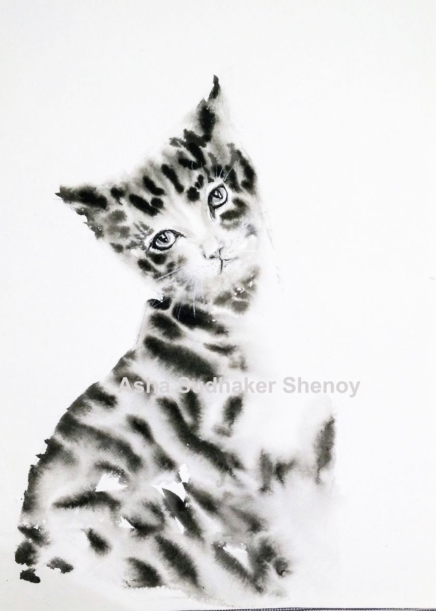 Cat in Ink - Did you call me? 10x14 by Asha Shenoy