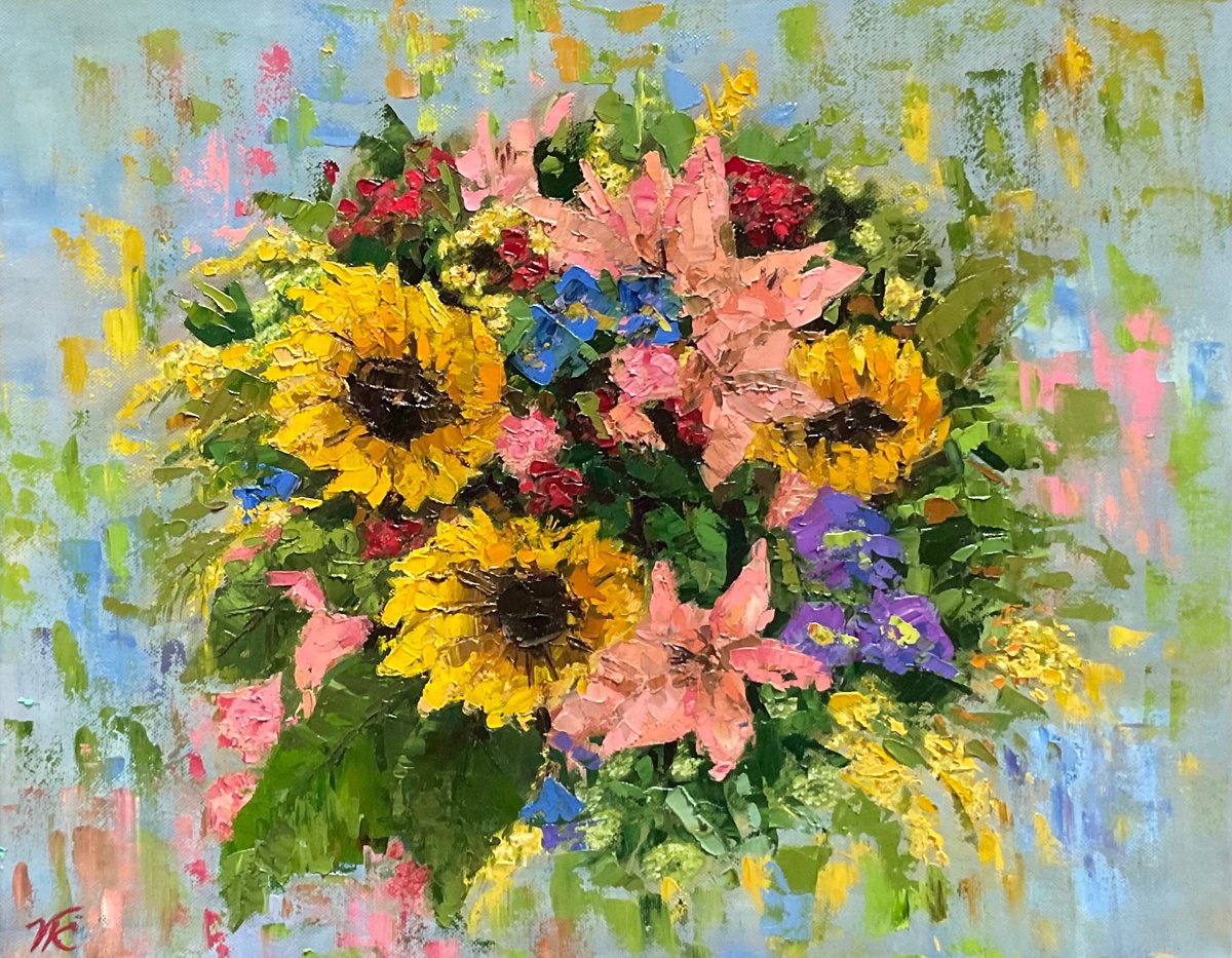 Impressionistic Botanical Oil Painting By Vera Klimova, 20 X 16", Joyful Bouquet, Original Artwork