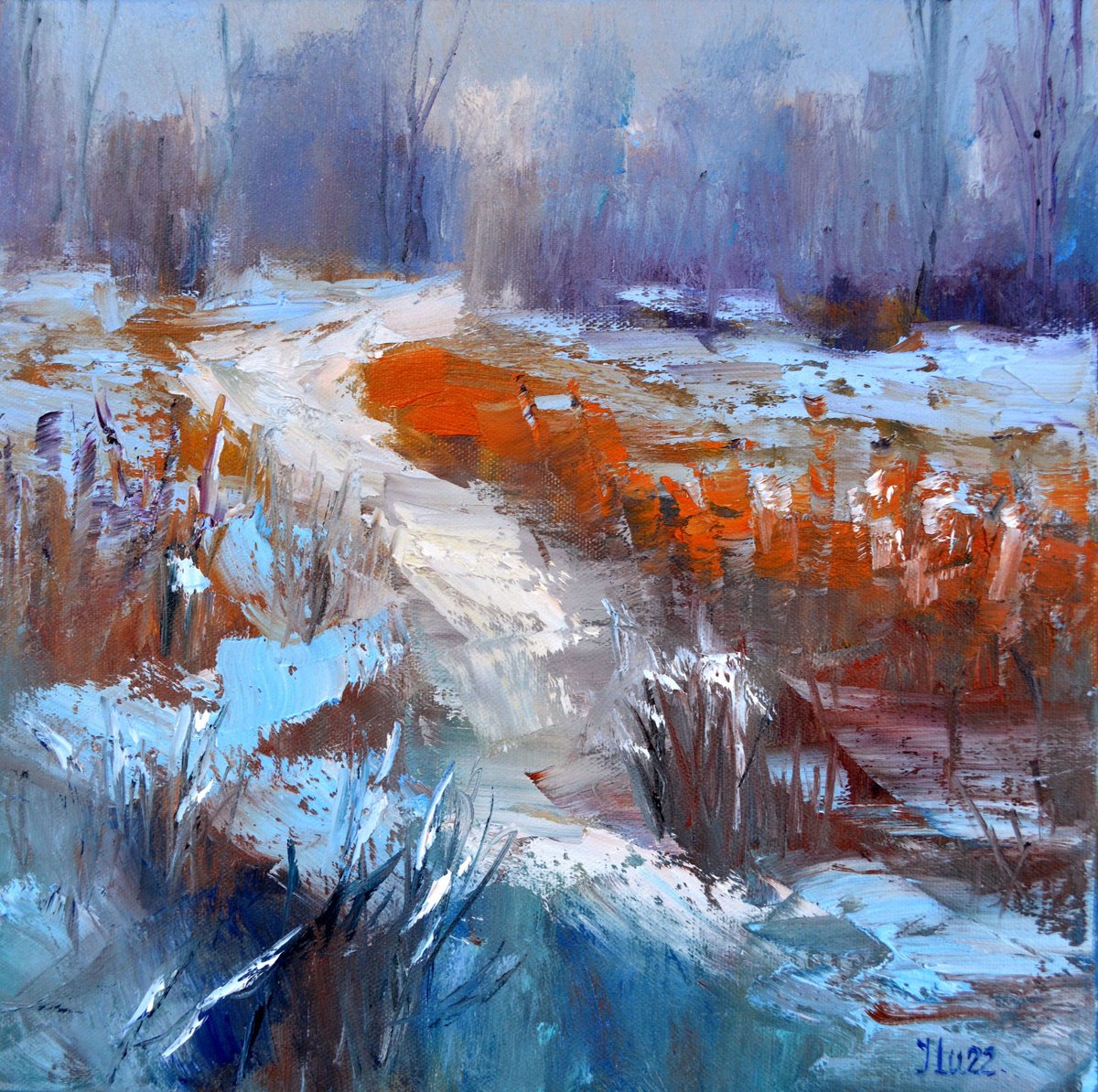 Impressionistic Landscape Oil Painting By Elena Lukina, 12 X 12, Winter Sketch Path To The River, Original Artwork