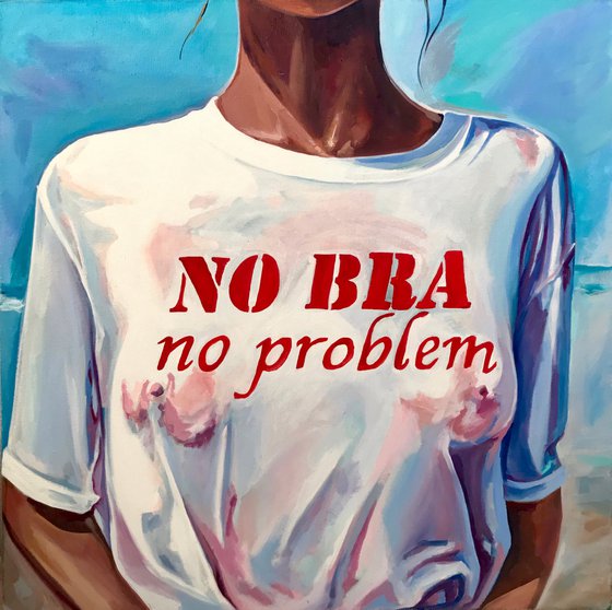 NO BRA NO PROBLEM - oil painting on canvas original gift for him naked woman seaside wet t-shirt nipples pop art bachelor interior