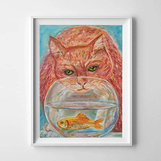 Ginger Cat Red Fish Acquarium| Oil Painting on Canvas Stretching 12x8 in (30x20cm)