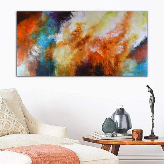 Abstract Original painting, red, blue and orange - Restless Earth