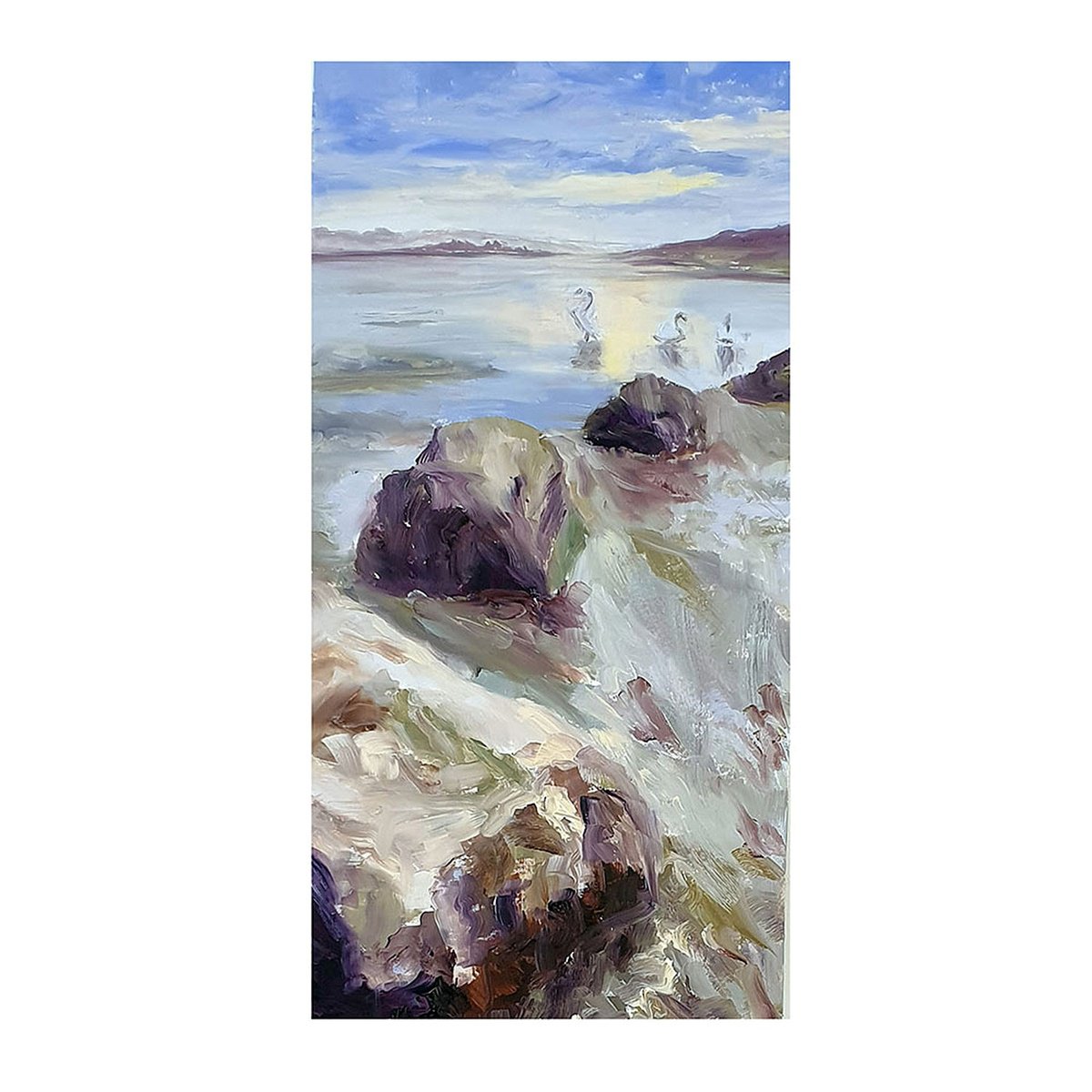 Expressive Landscape Oil Painting By Philippa Headley, 18 X 10", Swans At Sunrise, Original Artwork