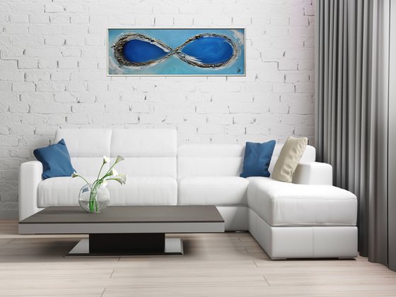 Infinity - abstract acrylic painting, canvas wall art, blue, black, white gold, framed modern art