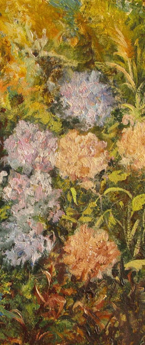 Golden floral painting 'In the Garden' by Anna  Voloshyn