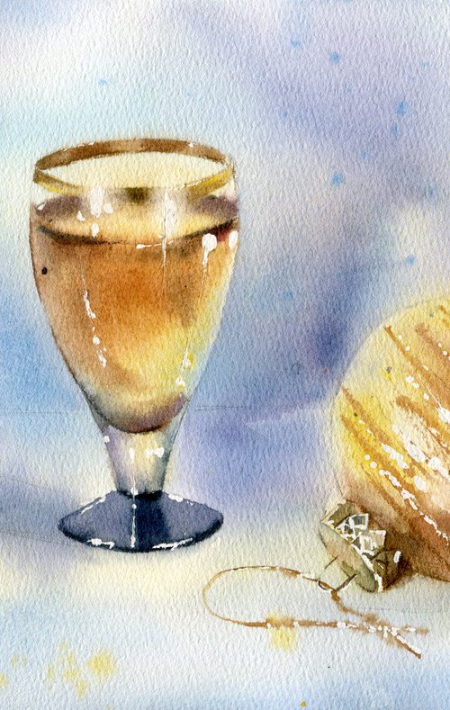 Festive still life with Christmas balls and a shot glass. Original watercolor artwork. by Evgeniya Mokeeva