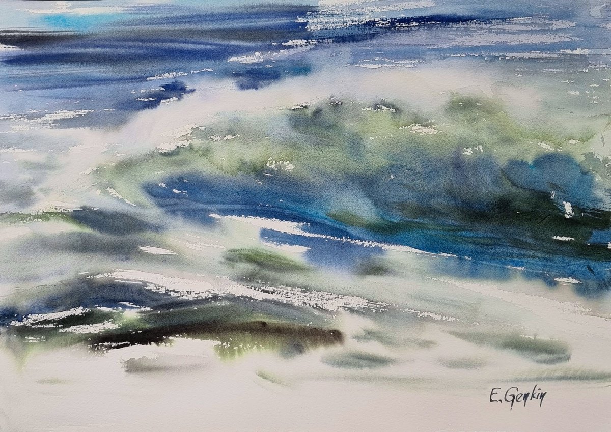 Impressionistic Landscape Watercolour By Elena Genkin, 17 X 11, The Wave - 11, Original Artwork