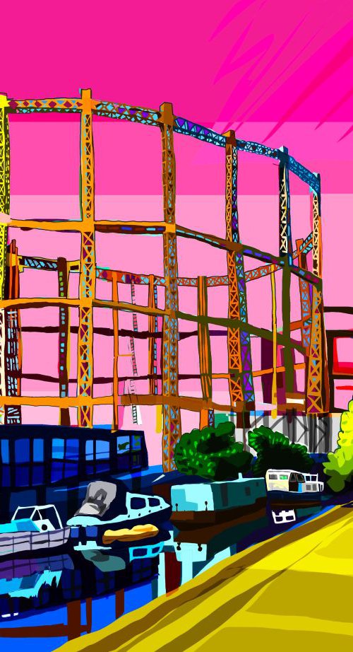 A3 Bethnal Green Gas Holders (Pink), East London Illustration Print by Tomartacus