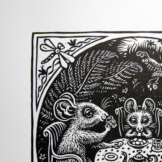 Mouse, Mice, Rat Family Tea Table Scene Art. Linocut Print.