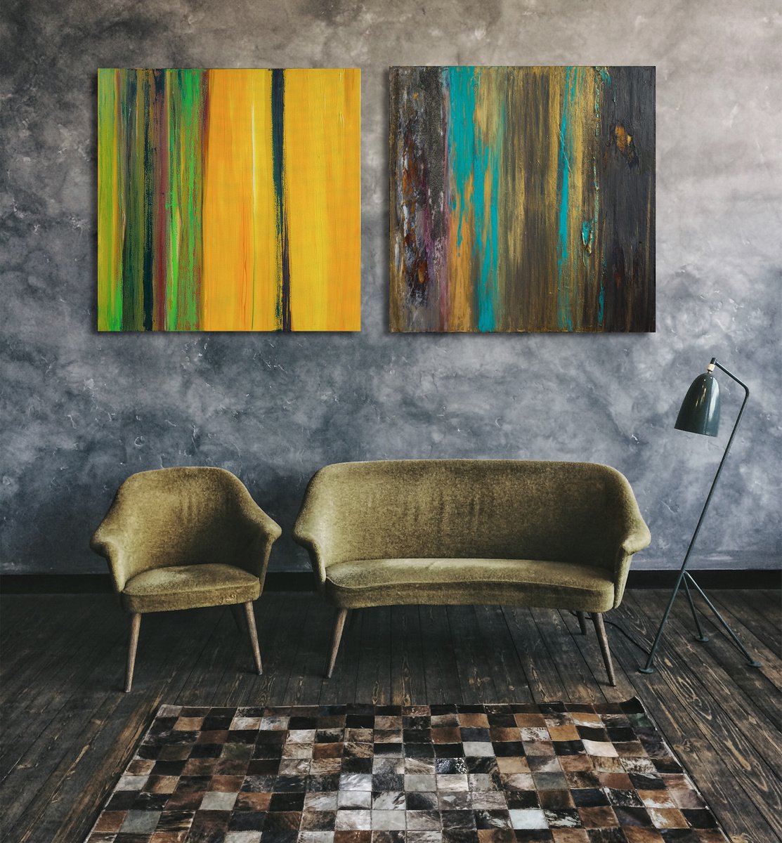 Cold and Sunny & Language of Passion | (diptych) 2x(100x100x4cm) by Cornelia Petrea - Abstract Art