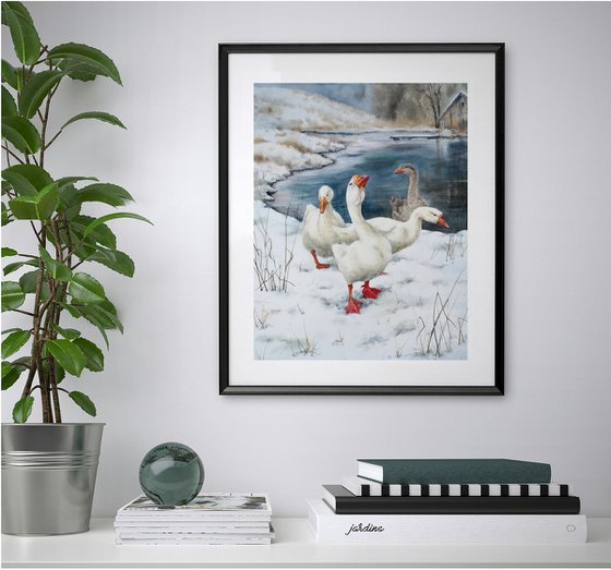 Gaggle of Geese  - Geese by the winter river -  Geese in the Snow - Christmas gift