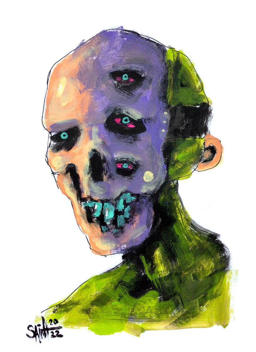 #82 Zombie portrait painting original art, Horror Naive Outsider Folk Art Brut Strange acr... by Ruslan Aksenov