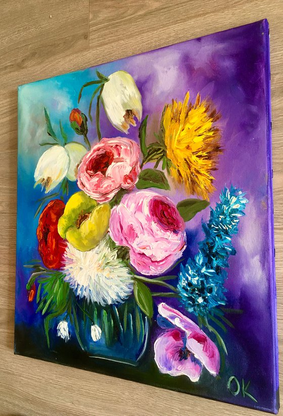 BOUQUET OF SUMMER FLOWERS    palette knife modern Still life Dutch style office home decor gift