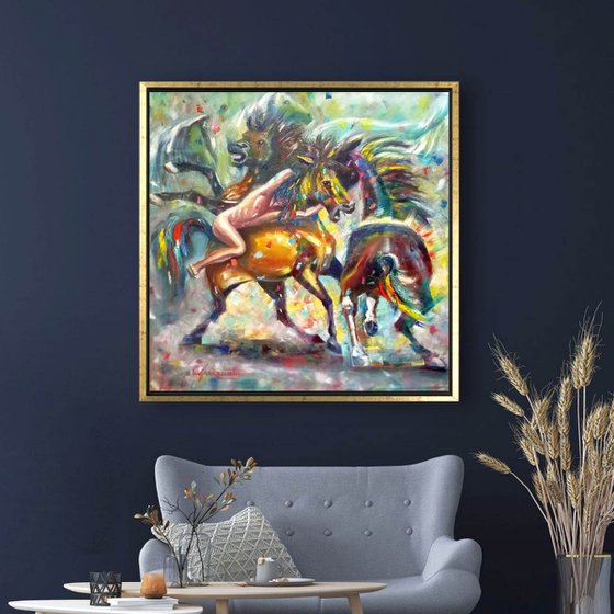 Dynamic Horse Painting 'Rapa das Bestas' Galician Festival, Impressionistic Oil Painting