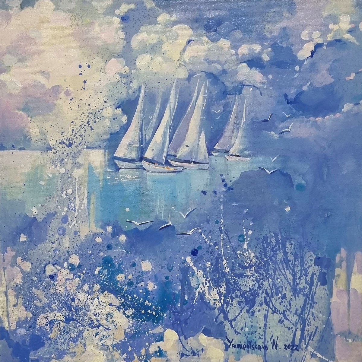 Abstract Landscape Oil Painting By Natalia Yampolskaia, 16 X 16", Sea. Regatta, Original Artwork