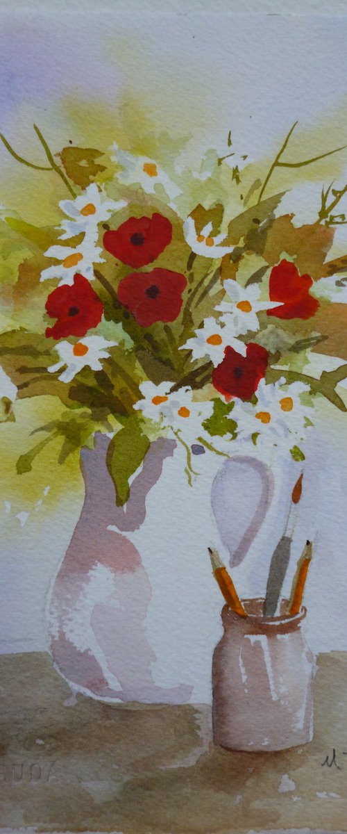 Still Life with Poppies and Daisies by Maire Flanagan