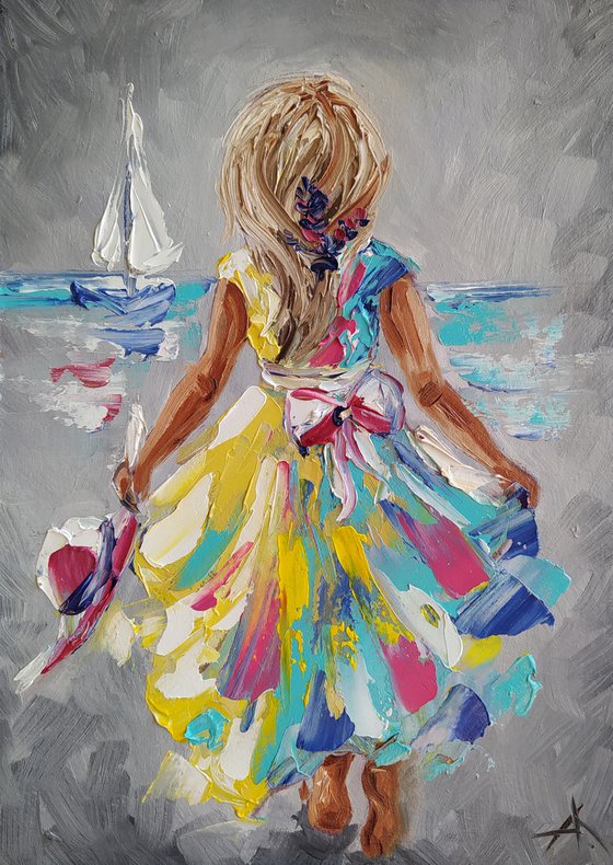 Long-awaited meeting - oil painting, child, sail, boat, sea, sea and beach, childhood, sea and sky, girl, seascape, children