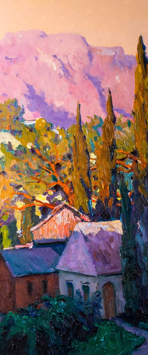 Mediterranean Landscape with Cypress Trees, Early Evening by Suren Nersisyan