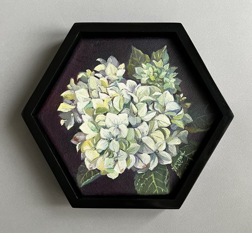 White hydrangea. Bouquet of flowers in oil painting. by Natalia Veyner