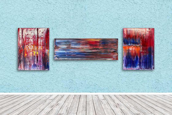 "Cut It Together" - Save As A Series - Original Large PMS Abstract Triptych Oil Paintings On Canvas - 72" x 24"