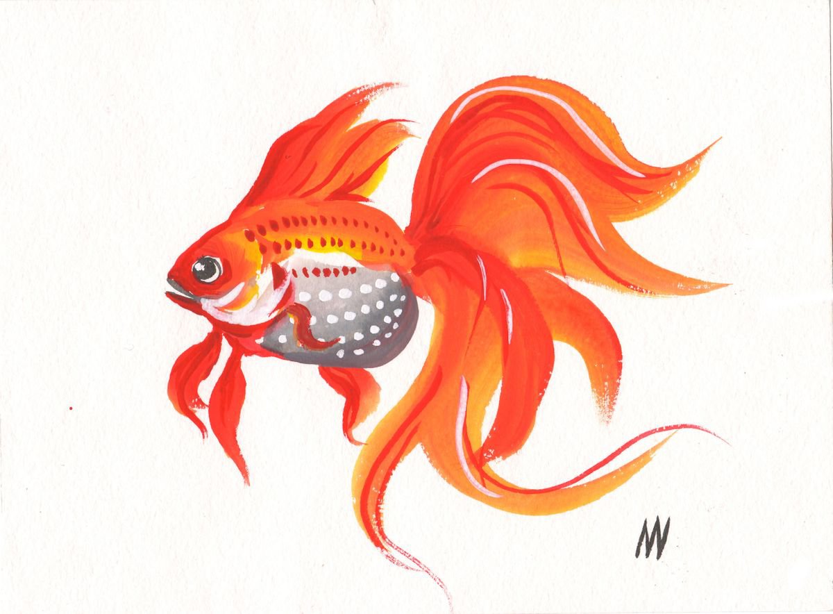 Gold Fish 05 - Gouache and ink original painting. by Mag Verkhovets