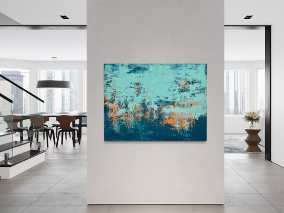 BLUE TEMPTATION - 60 x 80 CM - TEXTURED ABSTRACT PAINTING ON CANVAS * BRIGHT BLUE * PETROL * GOLD * COPPER