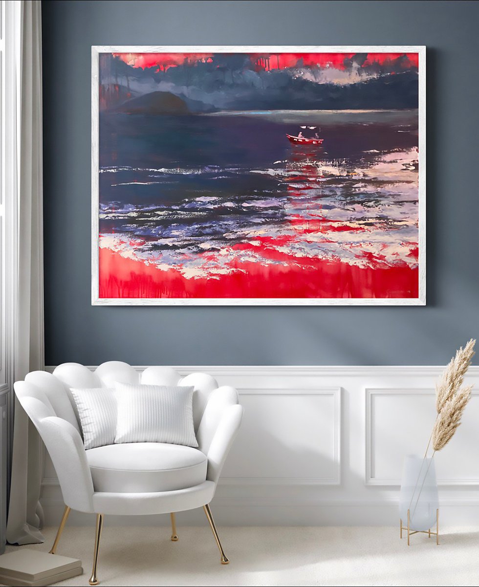 Expressive Landscape Oil Painting By Kateryna Guseva, 51 X 39", In The Boat, Original Artwork