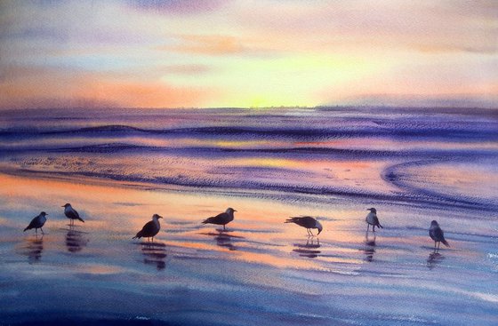 Sea Gulls at the Shore - Seagulls at the Ocean's Shore - Original watercolor painting of seagulls - seascape
