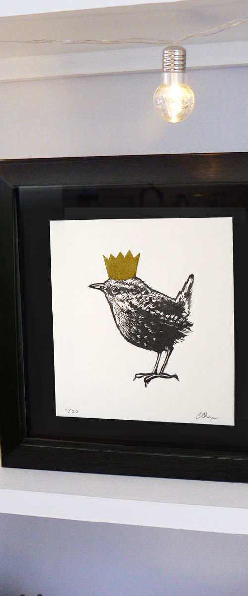 King - wren linoprint - Framed ready to hang by Carolynne Coulson
