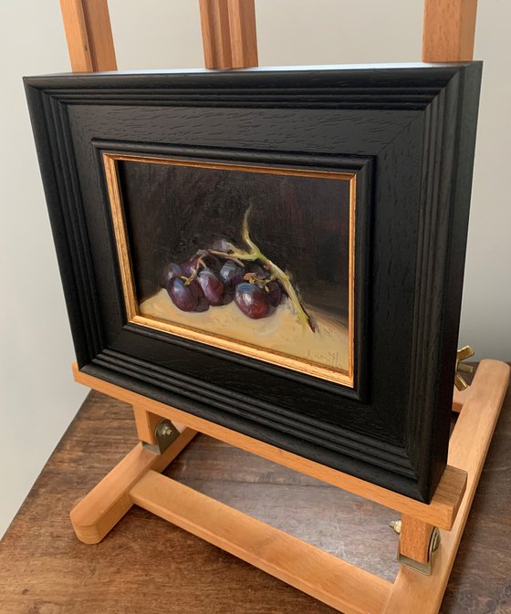 Grapes Still Life original oil realism painting, with wooden frame.
