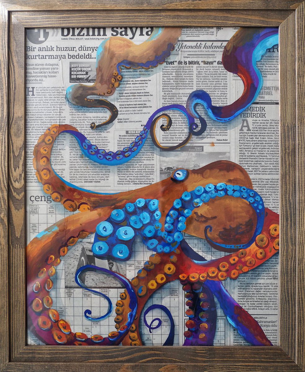 Illustrative Still Life Painting By Delnara El, 19 X 22, Octopus On The Newspaper, Original Artwork