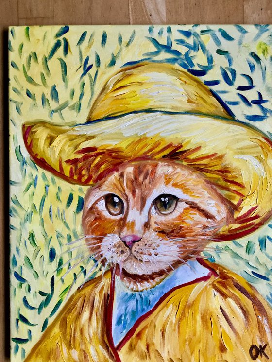 Marmalade Cat La Van Gogh in a straw  hat FELINE ART FOR CAT LOVERS GIFT IDEA