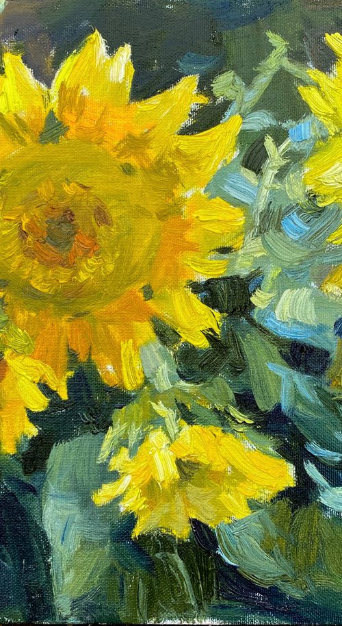 Sunflowers on dark background by Nataliia Nosyk